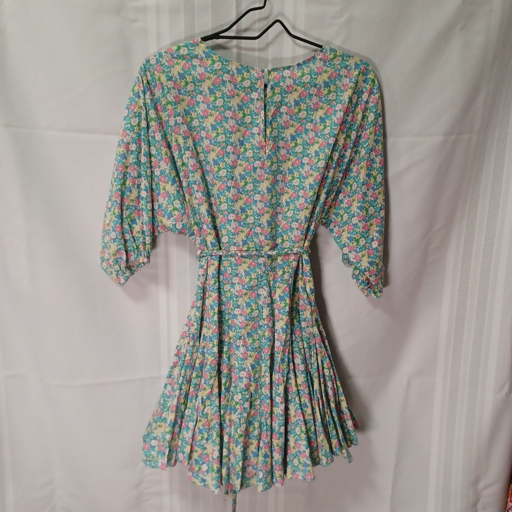 Aakaa Mini Dress Womens S Multi Color Floral Dolman Sleeve Braided Belt DA27793D